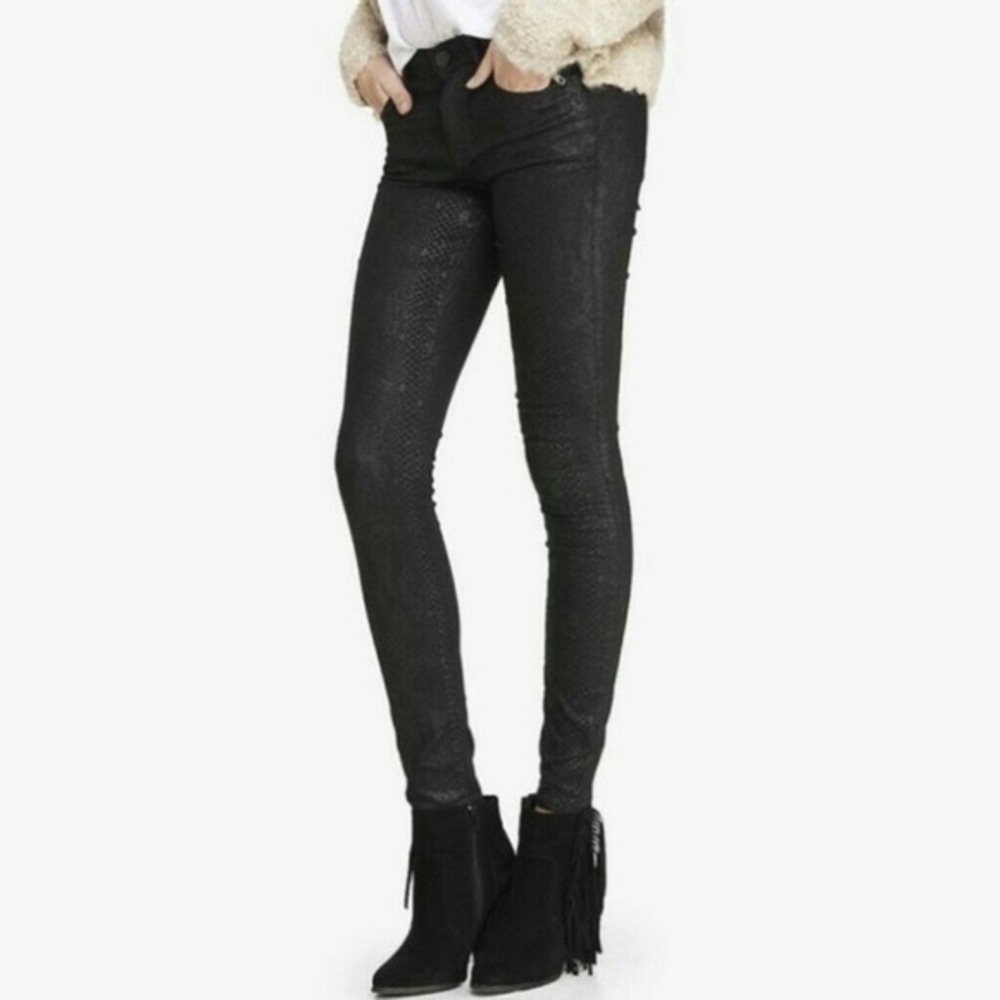 Black Snakeskin Panel Denim Jean Leggings Pants